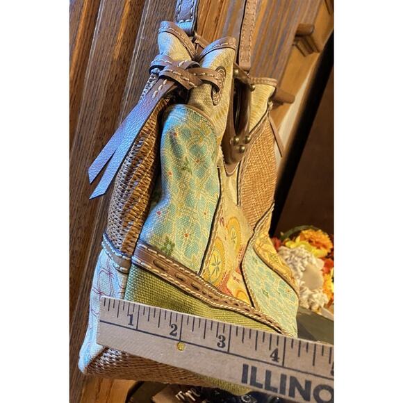 Fossil Patchwork Purse Canvas Rattan Wood Handle Detachable Leather Strap Pocket - Picture 9 of 11